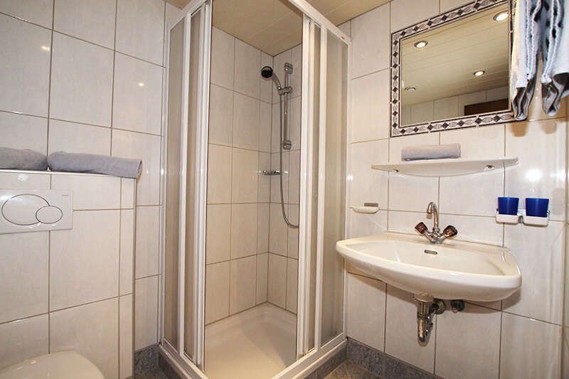 Zimmer 2 mit Badezimmer und Dusche im Gasthaus Alpenrose